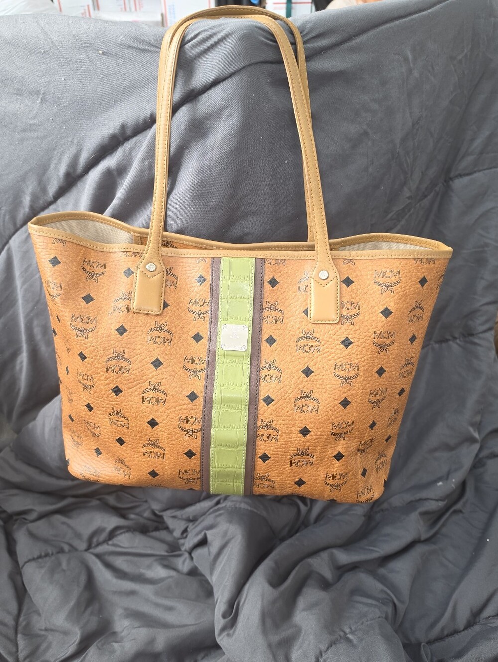 MCM Cognac Visetos Limited Edition Liz Tote with Lime Center Stripe - EUC